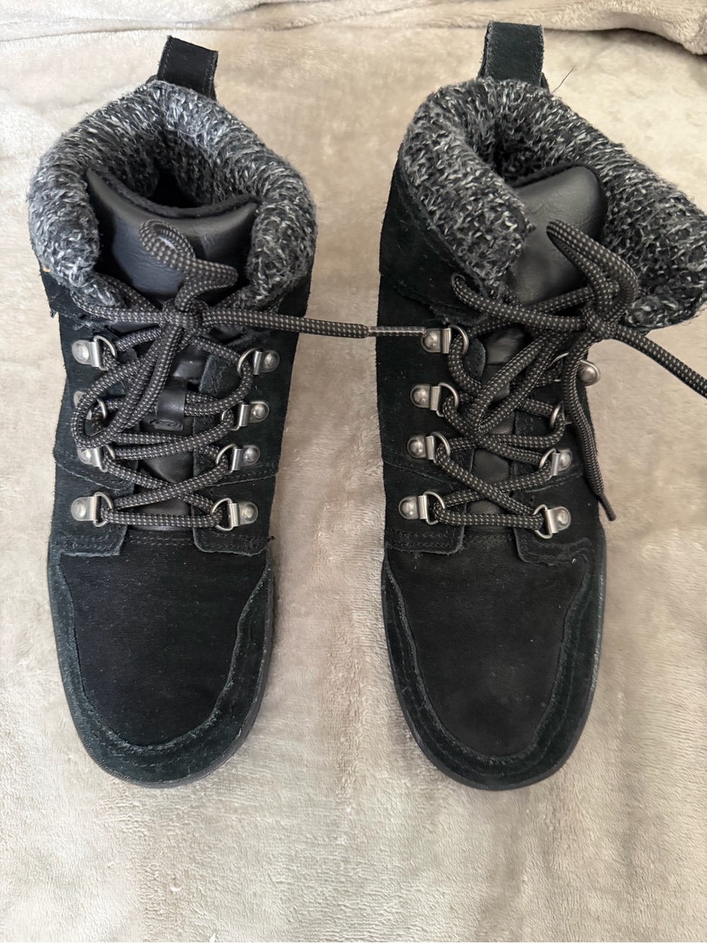 Weatherproof Black Suede Ankle Boots with Knit Collar